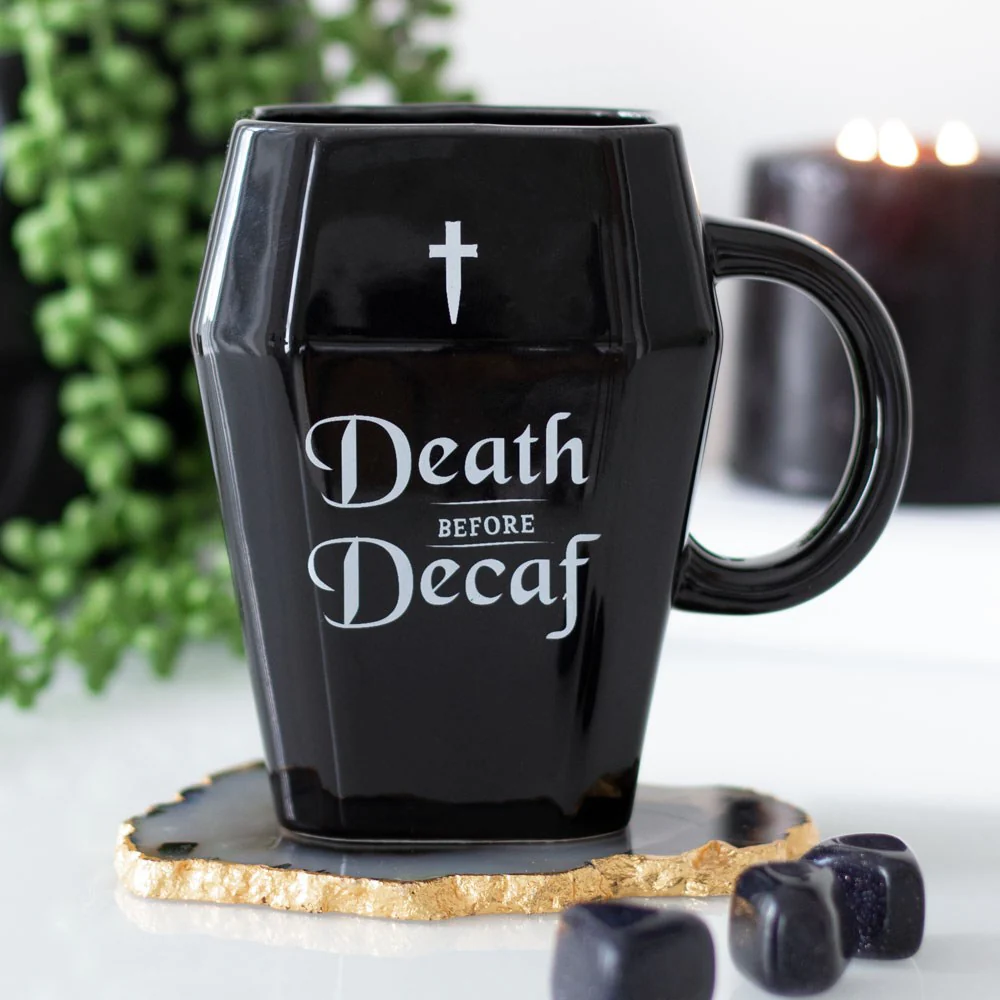 Death Before Decaf Black Coffin Mug - Image 4