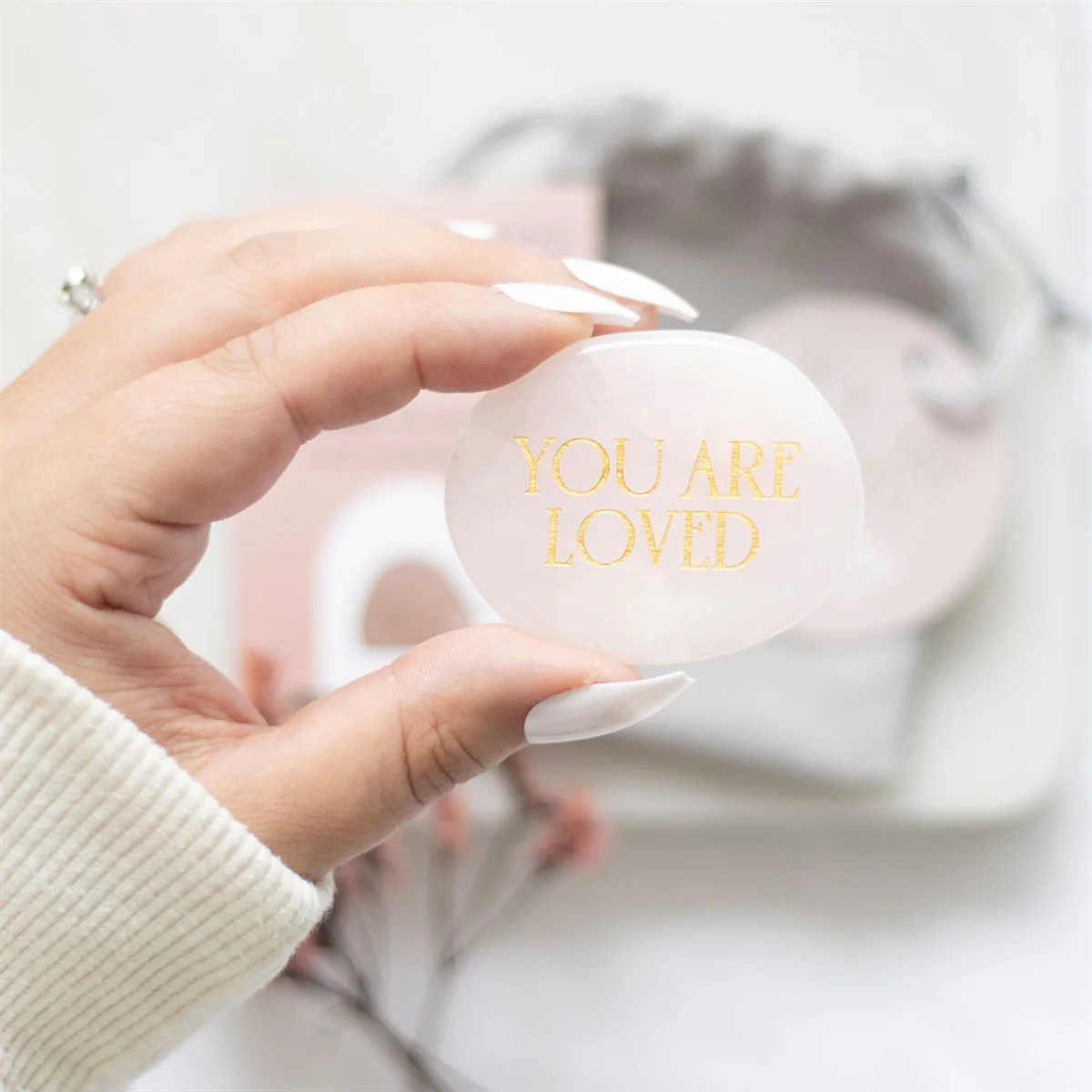 You Are Loved Rose Quartz Crystal Palm Stone - Image 4
